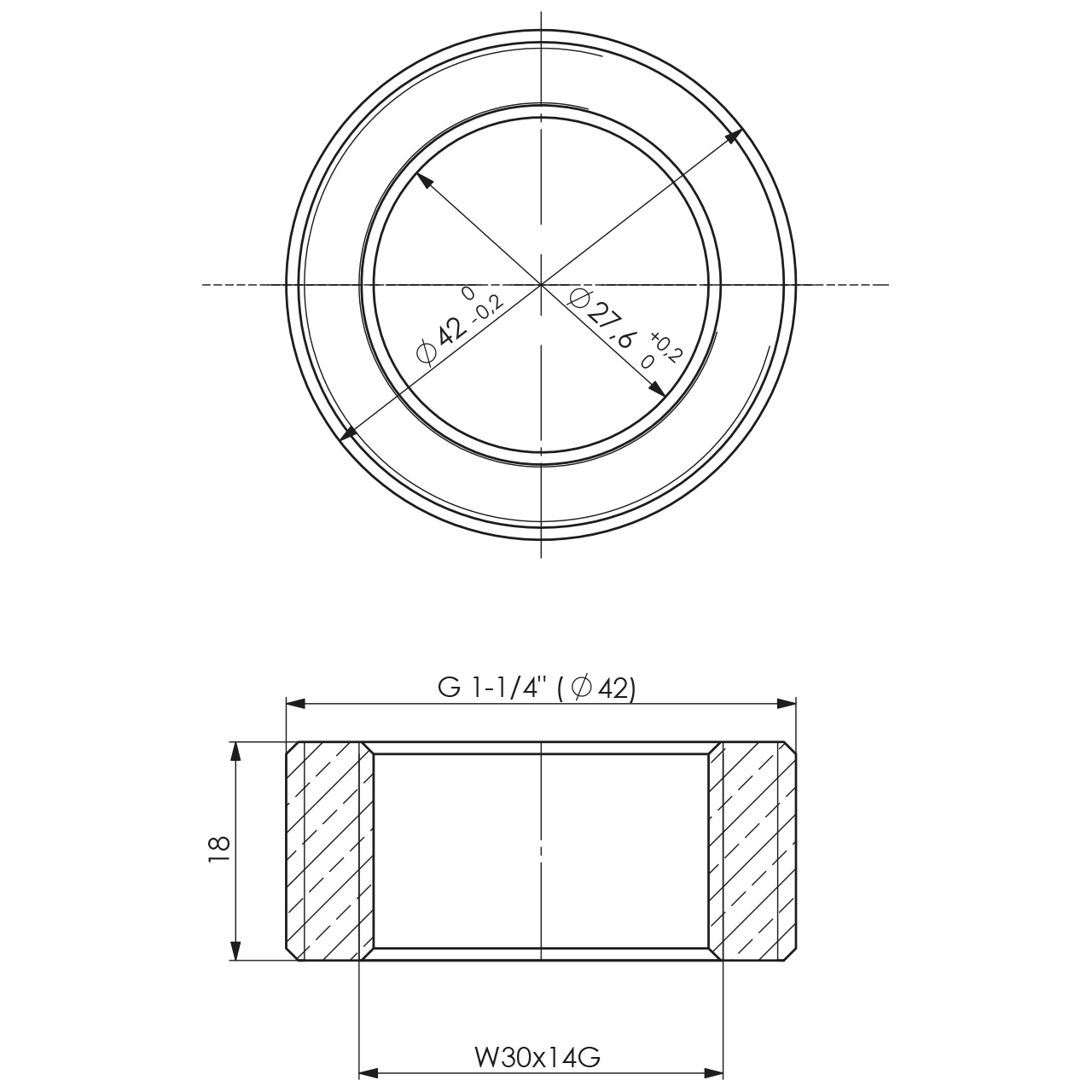 Gewindenippel 1 1/4" x W30 L 18 mm (AG x IG) 1 Gewindenippel 1 1/4" x W30 L 18 mm (AG x IG)